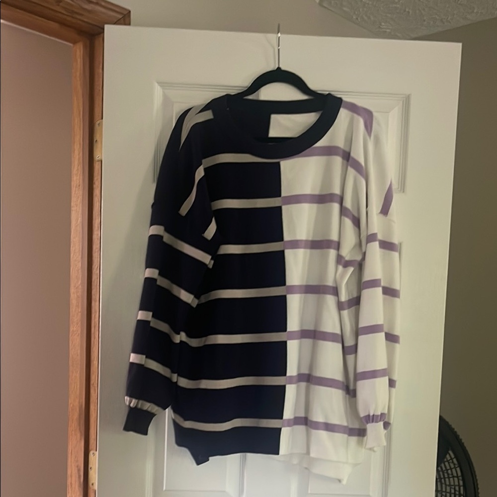 Striped Navy Blue and White Sweater with Purple Accents